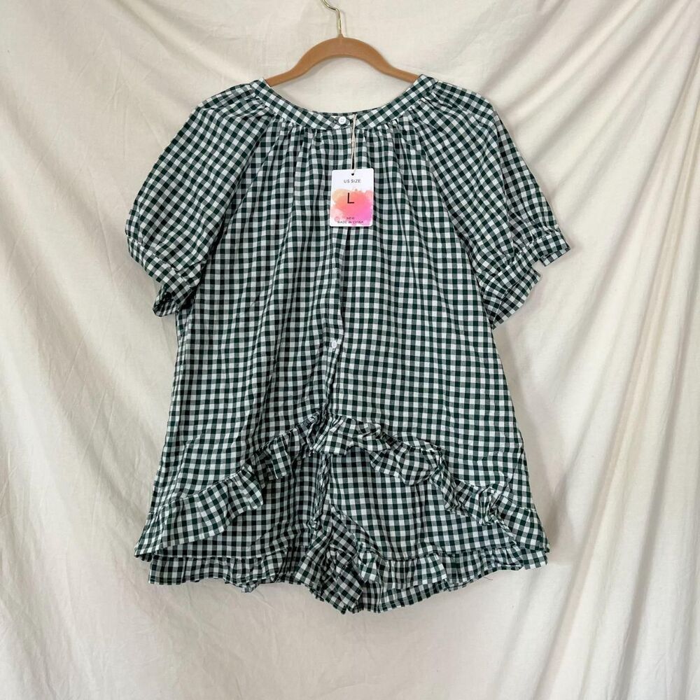 NWT 100% Cotton Green White Gingham Plaid Ruffled Matching Lounge Set L